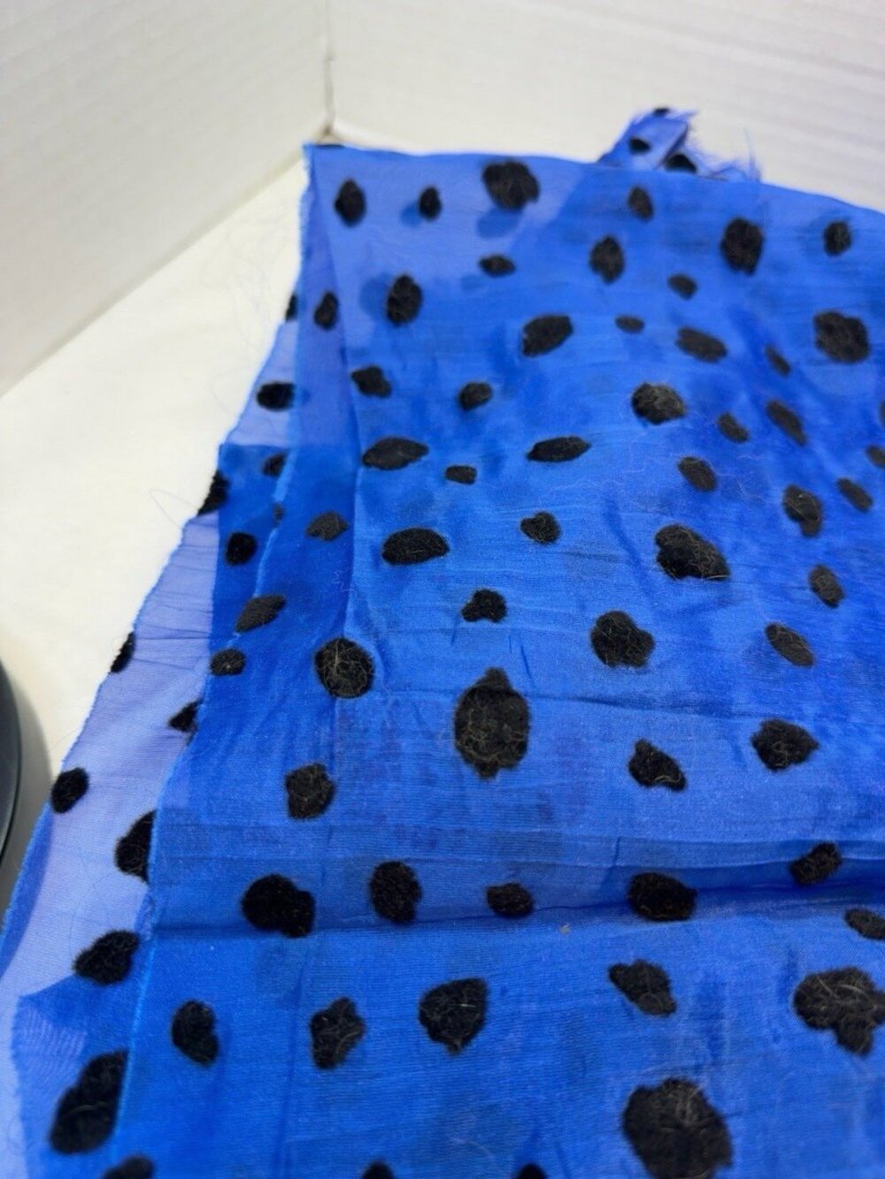 Royal Blue Sheer Fabric Black Velvet Flocked Polka Dots 4 Yards x 55” Wide